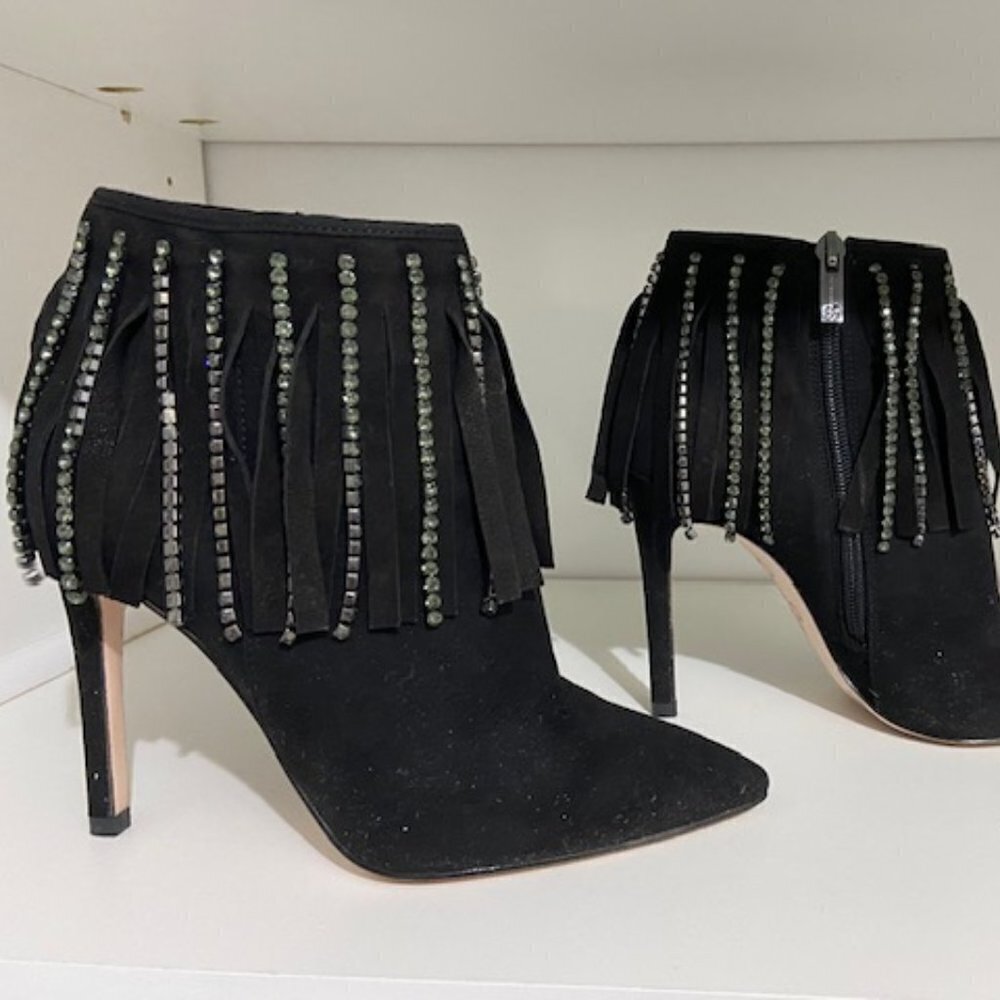 Jessica Simpson Black Suede PRISTA Heeled Booties With Fringe Stones Siz…